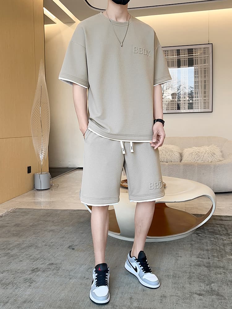 スウェットメンズ シンプル刺繍ロゴ半袖セットアップ