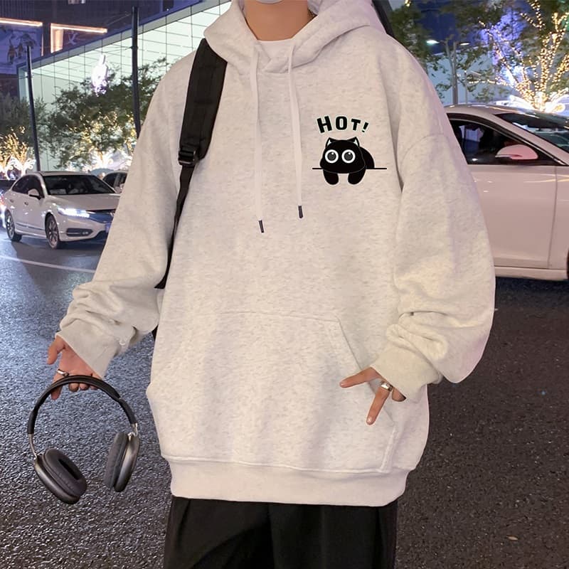 スウェットメンズ シンプルフード付きプルオーバー かわいい猫柄