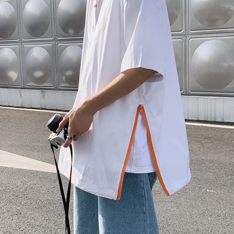 スウェットメンズ サイドジッパー付き半袖プルオーバーシャツ