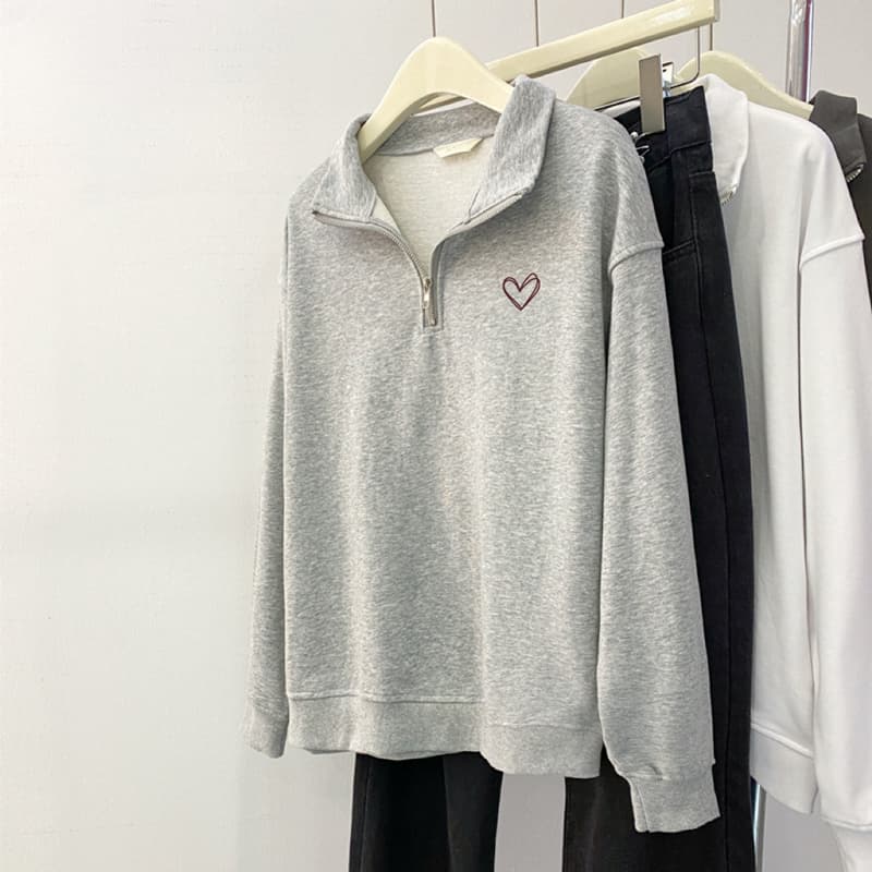 スウェットメンズ ハート刺繍入りハーフジップスウェット